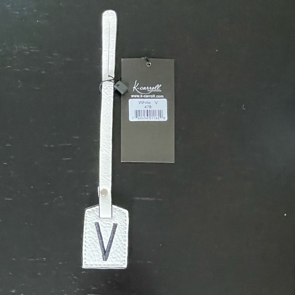 NWT “K•Carroll” Bag Tag,  Monogram Letter "V" White Bag Tag with "Black" Letter